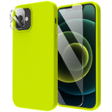 Cordking [5 in 1] Designed for iPhone 12 Case, for iPhone 12 Pro Case, with 2 Screen Protectors + 2 Camera Lens Protectors, Shockproof Silicone Case with Microfiber Lining,Fluorescent Green