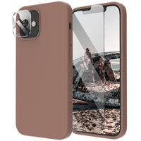 Cordking [5 in 1] Designed for iPhone 12 Case, for iPhone 12 Pro Case, with 2 Screen Protectors + 2 Camera Lens Protectors, Shockproof Silicone Case with Microfiber Lining, Light Brown