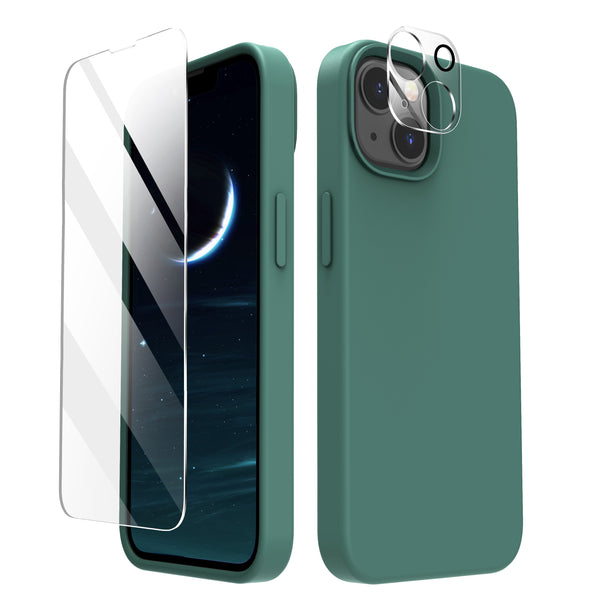 Cordking [5 in 1] Designed for iPhone 13 Case, with 2 Screen Protectors + 2 Camera Lens Protectors, Shockproof Silicone Phone Case with Microfiber Lining, Midnight Green