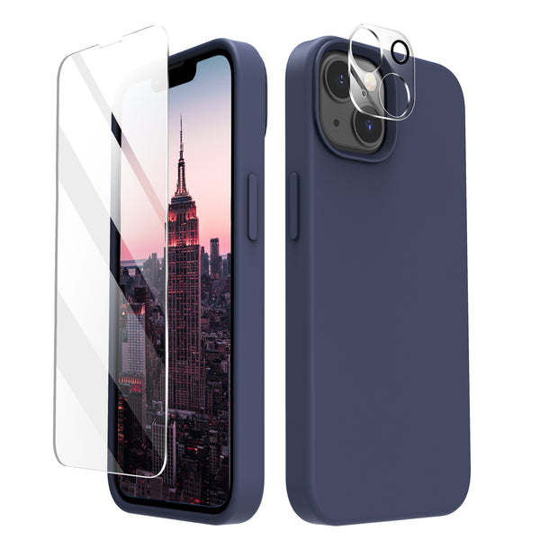 Cordking [5 in 1] Designed for iPhone 13 Case, with 2 Screen Protectors + 2 Camera Lens Protectors, Shockproof Silicone Phone Case with Microfiber Lining, Navy Blue