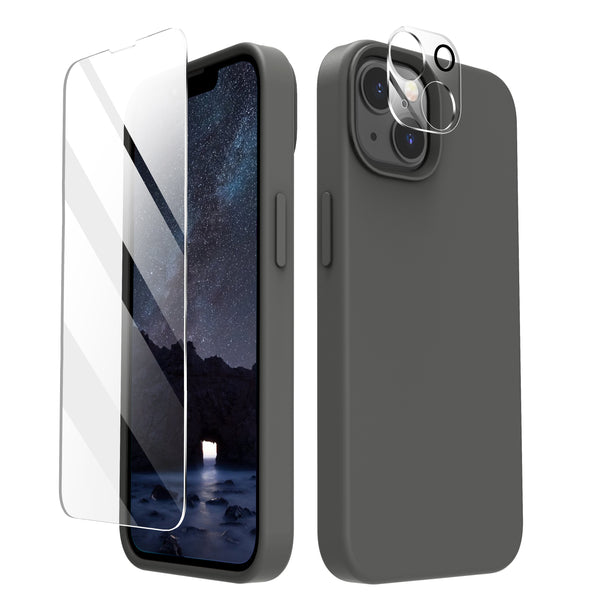Cordking [5 in 1] Designed for iPhone 13 Case, with 2 Screen Protectors + 2 Camera Lens Protectors, Shockproof Silicone Phone Case with Microfiber Lining, Space Gray