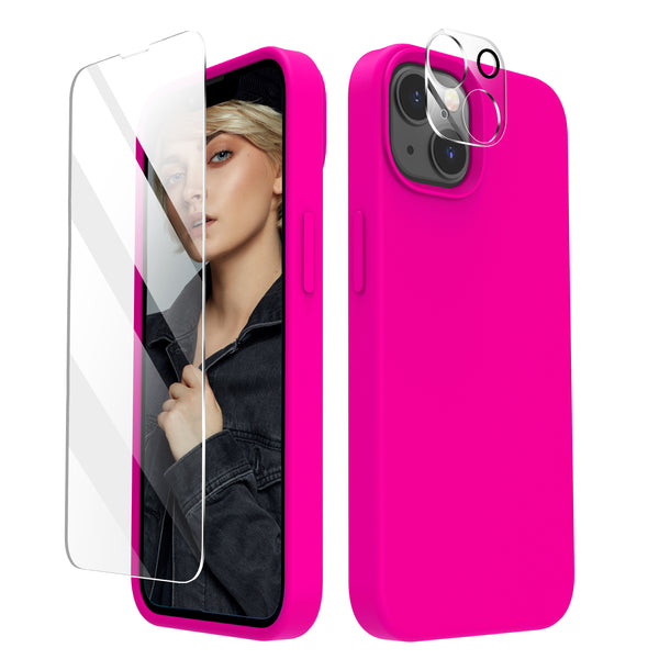 Cordking [5 in 1] Designed for iPhone 13 Case, with 2 Screen Protectors + 2 Camera Lens Protectors, Shockproof Silicone Phone Case with Microfiber Lining, Hot Pink