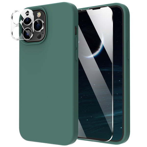 Cordking [5 in 1] Designed for iPhone 13 Pro Case, with 2 Screen Protectors + 2 Camera Lens Protectors, Shockproof Silicone Phone Case with Microfiber Lining, Midnight Green
