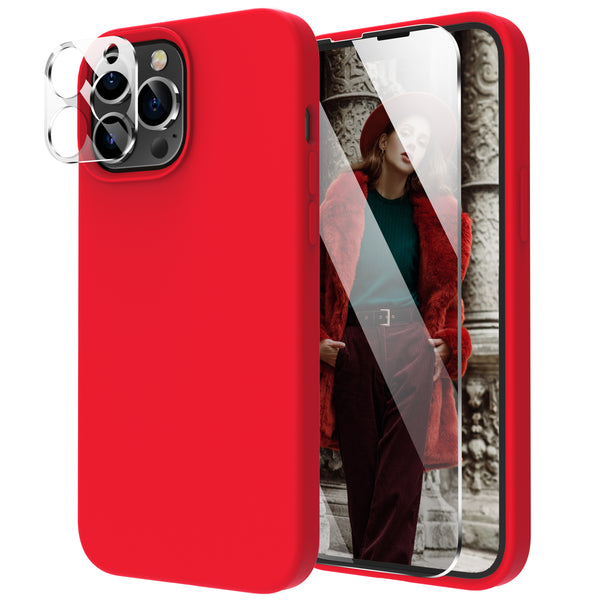 Cordking [5 in 1] Designed for iPhone 13 Pro Case, with 2 Screen Protectors + 2 Camera Lens Protectors, Shockproof Silicone Phone Case with Microfiber Lining, Red