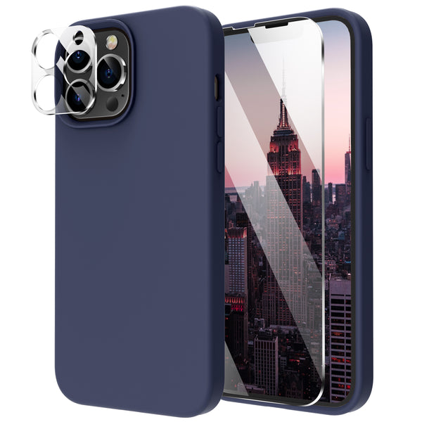 Cordking [5 in 1] Designed for iPhone 13 Pro Case, with 2 Screen Protectors + 2 Camera Lens Protectors, Shockproof Silicone Phone Case with Microfiber Lining, Navy Blue