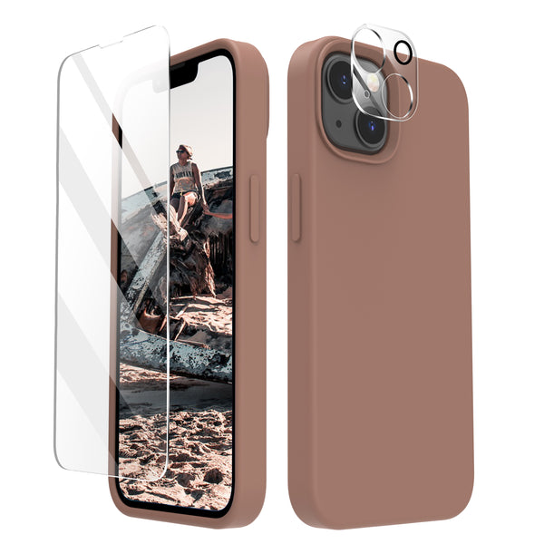 Cordking [5 in 1] Designed for iPhone 13 Case, with 2 Screen Protectors + 2 Camera Lens Protectors, Shockproof Silicone Phone Case with Microfiber Lining, Light Brown