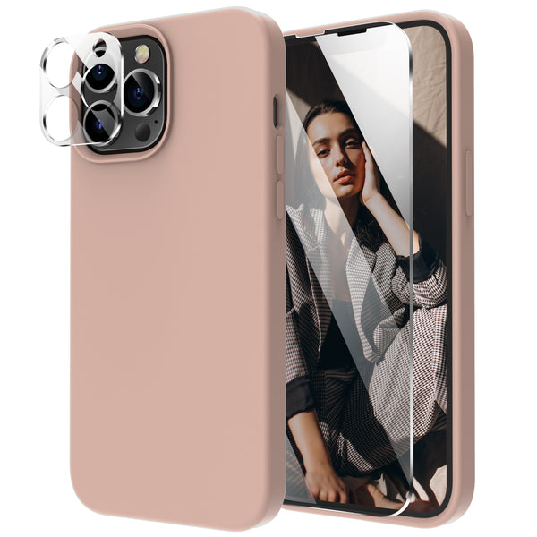Cordking [5 in 1] Designed for iPhone 13 Pro Case, with 2 Screen Protectors + 2 Camera Lens Protectors, Shockproof Silicone Phone Case with Microfiber Lining, Pinksand