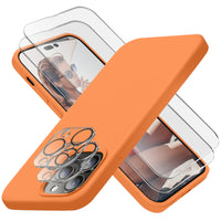 Cordking Designed for iPhone 14 Pro Case, Silicone Phone Case with [2 Screen Protectors] + [2 Camera Lens Protectors] and Soft Anti-Scratch Microfiber Lining Inside, 6.1 inch, Kumquat