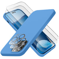 Cordking Designed for iPhone 14 Pro Case, Silicone Phone Case with [2 Screen Protectors] + [2 Camera Lens Protectors] and Soft Anti-Scratch Microfiber Lining Inside, 6.1 inch, Blue