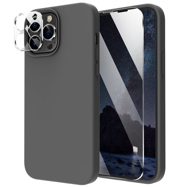 Cordking [5 in 1] Designed for iPhone 13 Pro Case, with 2 Screen Protectors + 2 Camera Lens Protectors, Shockproof Silicone Phone Case with Microfiber Lining, Space Gray