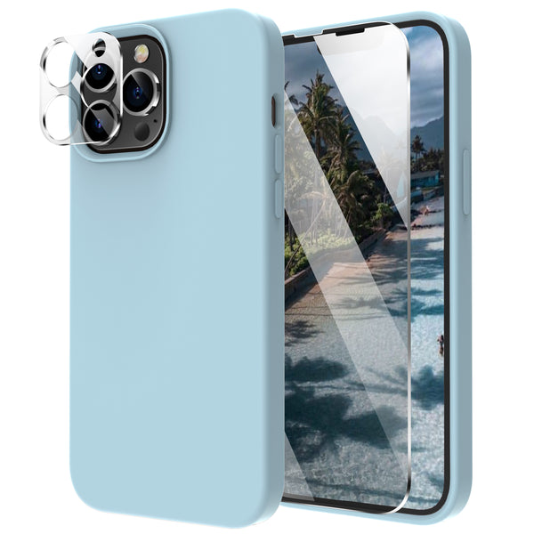 Cordking [5 in 1] Designed for iPhone 13 Pro Case, with 2 Screen Protectors + 2 Camera Lens Protectors, Shockproof Silicone Phone Case with Microfiber Lining, Sky Blue