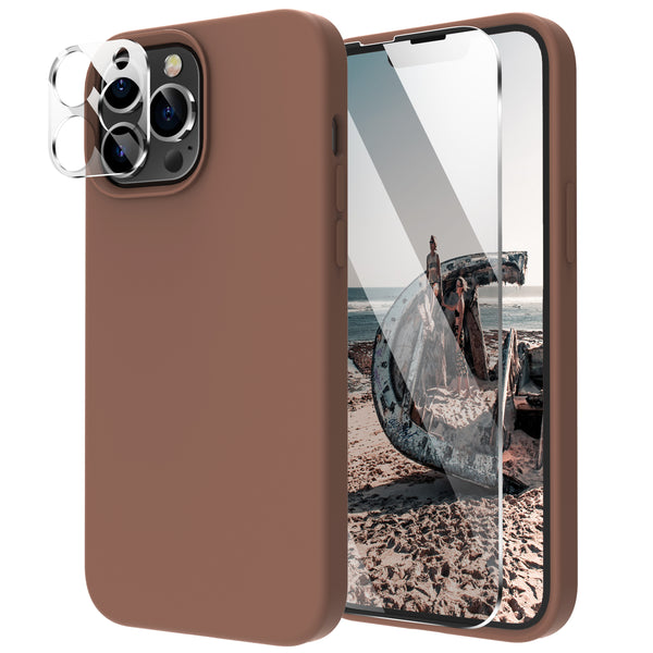 Cordking [5 in 1] Designed for iPhone 13 Pro Case, with 2 Screen Protectors + 2 Camera Lens Protectors, Shockproof Silicone Phone Case with Microfiber Lining, Light Brown