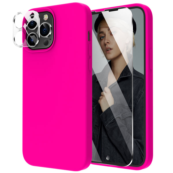 Cordking [5 in 1] Designed for iPhone 13 Pro Case, with 2 Screen Protectors + 2 Camera Lens Protectors, Shockproof Silicone Phone Case with Microfiber Lining, Hot Pink