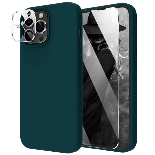 Cordking [5 in 1] Designed for iPhone 13 Pro Case, with 2 Screen Protectors + 2 Camera Lens Protectors, Shockproof Silicone Phone Case with Microfiber Lining, Teal