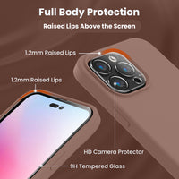 Cordking Designed for iPhone 14 Pro Case, Silicone Phone Case with [2 Screen Protectors] + [2 Camera Lens Protectors] and Soft Anti-Scratch Microfiber Lining Inside, 6.1 inch, Light Brown