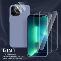 Cordking [5 in 1] Designed for iPhone 13 Pro Case, with 2 Screen Protectors + 2 Camera Lens Protectors, Shockproof Silicone Phone Case with Microfiber Lining, Lavender Gray