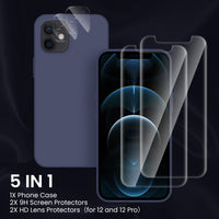 Cordking [5 in 1] Designed for iPhone 12 Case, for iPhone 12 Pro Case, with 2 Screen Protectors + 2 Camera Lens Protectors, Shockproof Silicone Case with Microfiber Lining, Navy Blue