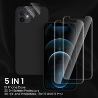 Cordking [5 in 1] Designed for iPhone 12 Case, for iPhone 12 Pro Case, with 2 Screen Protectors + 2 Camera Lens Protectors, Shockproof Silicone Case with Microfiber Lining, Black