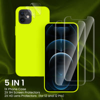 Cordking [5 in 1] Designed for iPhone 12 Case, for iPhone 12 Pro Case, with 2 Screen Protectors + 2 Camera Lens Protectors, Shockproof Silicone Case with Microfiber Lining,Fluorescent Green