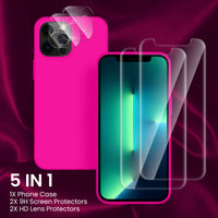 Cordking [5 in 1] Designed for iPhone 13 Pro Case, with 2 Screen Protectors + 2 Camera Lens Protectors, Shockproof Silicone Phone Case with Microfiber Lining, Hot Pink