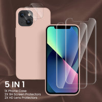 Cordking [5 in 1] Designed for iPhone 13 Case, with 2 Screen Protectors + 2 Camera Lens Protectors, Shockproof Silicone Phone Case with Microfiber Lining, Pinksand