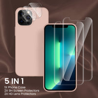 Cordking [5 in 1] Designed for iPhone 13 Pro Case, with 2 Screen Protectors + 2 Camera Lens Protectors, Shockproof Silicone Phone Case with Microfiber Lining, Pinksand