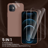 Cordking [5 in 1] Designed for iPhone 12 Case, for iPhone 12 Pro Case, with 2 Screen Protectors + 2 Camera Lens Protectors, Shockproof Silicone Case with Microfiber Lining, Light Brown