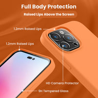 Cordking Designed for iPhone 14 Pro Case, Silicone Phone Case with [2 Screen Protectors] + [2 Camera Lens Protectors] and Soft Anti-Scratch Microfiber Lining Inside, 6.1 inch, Kumquat