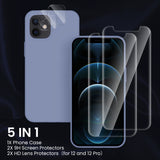 Cordking [5 in 1] Designed for iPhone 12 Case, for iPhone 12 Pro Case, with 2 Screen Protectors + 2 Camera Lens Protectors, Shockproof Silicone Case with Microfiber Lining, Lavender Gray