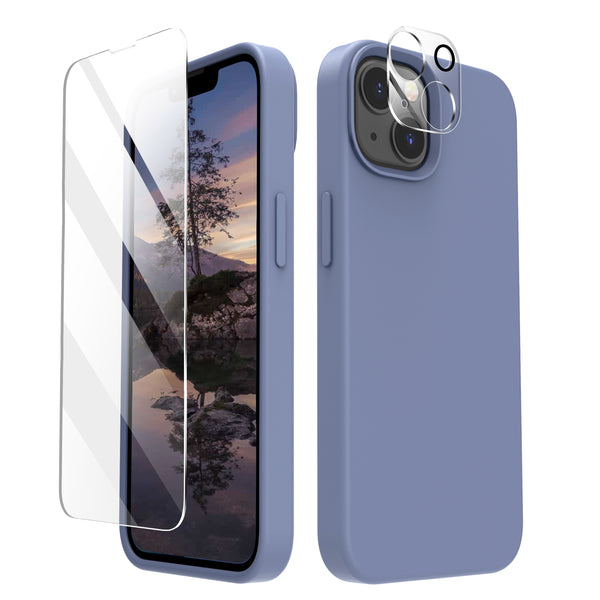 Cordking [5 in 1] Designed for iPhone 13 Case, with 2 Screen Protectors + 2 Camera Lens Protectors, Shockproof Silicone Phone Case with Microfiber Lining, Lavender Gray