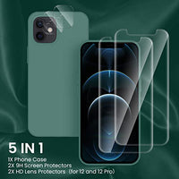 Cordking [5 in 1] Designed for iPhone 12 Case, for iPhone 12 Pro Case, with 2 Screen Protectors + 2 Camera Lens Protectors, Shockproof Silicone Case with Microfiber Lining, Midnight Green