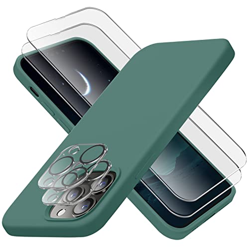 Cordking Designed for iPhone 14 Pro Case, Silicone Phone Case with [2 Screen Protectors] + [2 Camera Lens Protectors] and Soft Anti-Scratch Microfiber Lining Inside, 6.1 inch, Midnight Green