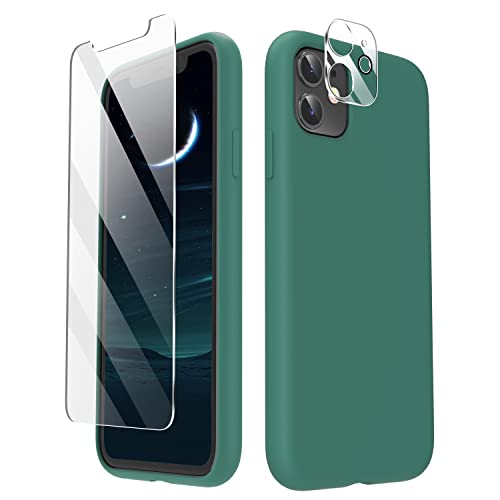 Cordking iPhone 11 Case, with 2 Pack Screen Protector + 2 Pack Camera Lens Protector, Shockproof Silicone Slim Phone Case with [Anti-Scratch Microfiber Lining], 6.1 inch, Midnight Green