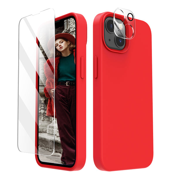 Cordking [5 in 1] Designed for iPhone 13 Case, with 2 Screen Protectors + 2 Camera Lens Protectors, Shockproof Silicone Phone Case with Microfiber Lining, Deep Red