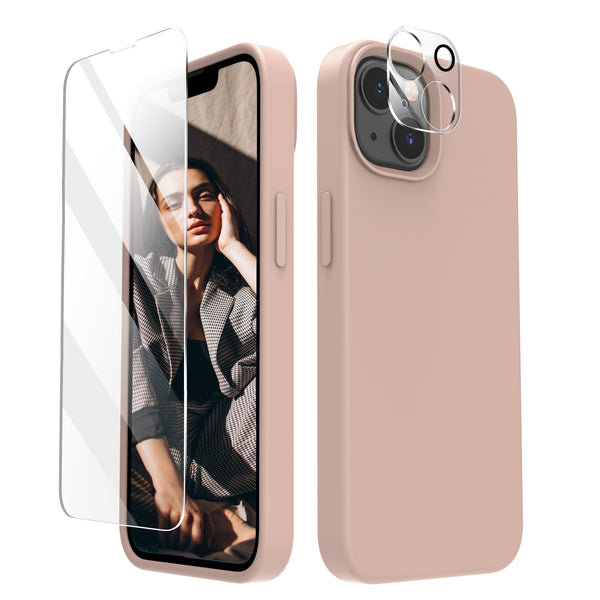 Cordking [5 in 1] Designed for iPhone 13 Case, with 2 Screen Protectors + 2 Camera Lens Protectors, Shockproof Silicone Phone Case with Microfiber Lining, Pinksand