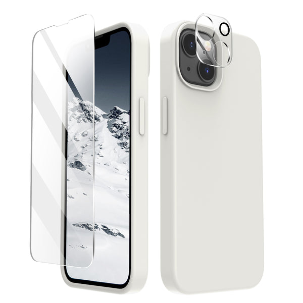Cordking [5 in 1] Designed for iPhone 13 Case, with 2 Screen Protectors + 2 Camera Lens Protectors, Shockproof Silicone Phone Case with Microfiber Lining, White