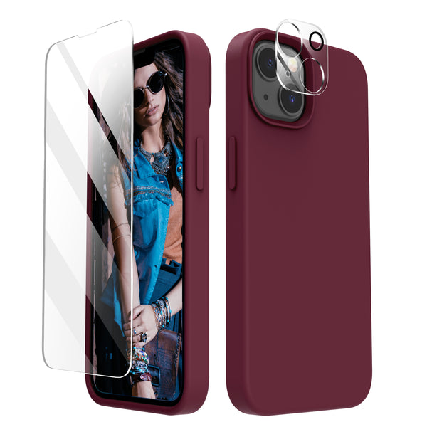 Cordking [5 in 1] Designed for iPhone 13 Case, with 2 Screen Protectors + 2 Camera Lens Protectors, Shockproof Silicone Phone Case with Microfiber Lining, Plum