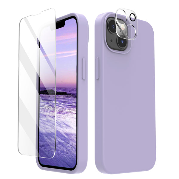 Cordking [5 in 1] Designed for iPhone 13 Case, with 2 Screen Protectors + 2 Camera Lens Protectors, Shockproof Silicone Phone Case with Microfiber Lining, Clove Purple